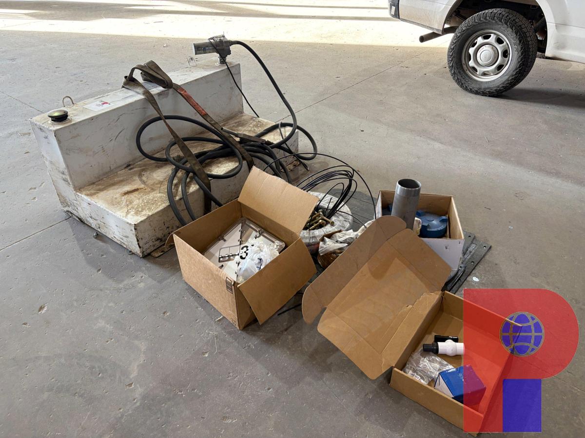 Used 100-GALLON L-SHAPED FUEL TANK W/ TRANSFER PUMP, (2) ROLLS OF EATON 1/4” AIR BRAKE LINE, HAZARDOUS MATERIAL SIGNS