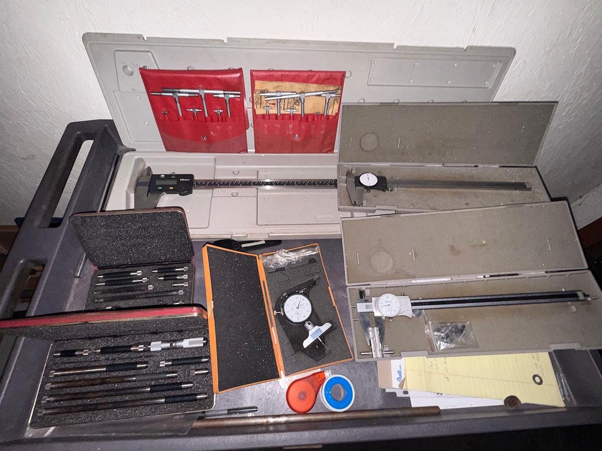 Used SECTION (5) 24” (1) 40”, (2) 12” DIGITAL & MANUAL OD/ID MICROMETERS (1) DEPTH GAUGE & ROLLING POLY PARTS CART