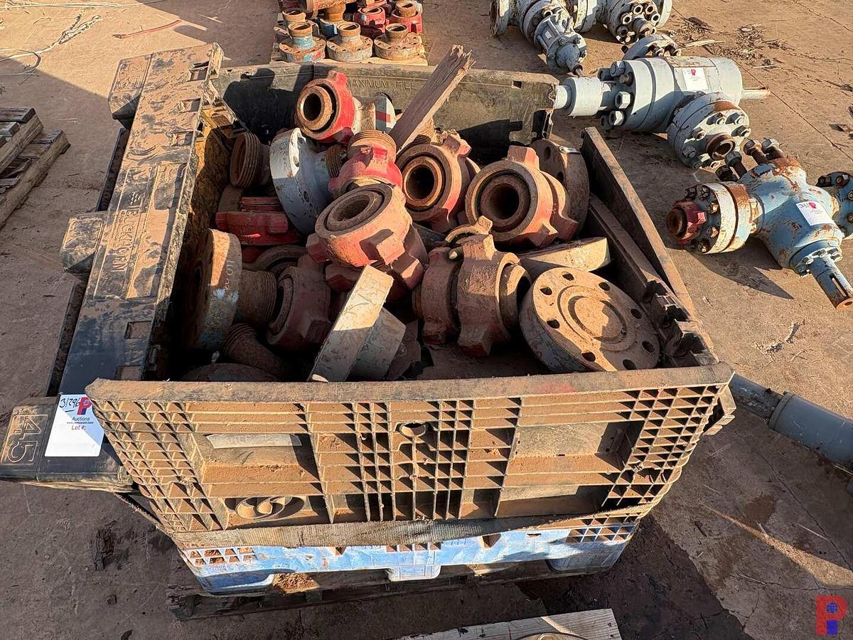 Used CRATE OF ASSORTED 3” & 4” WECO FLANGES, 1502 HAMMER UNIONS, 4-1/16” BLIND FLANGES