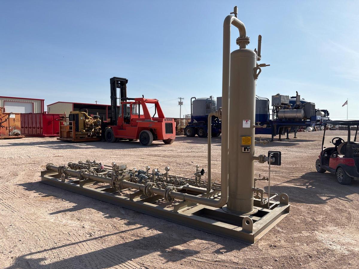 Used Edge industries 18”od x 7’6”H s/s vertical separator w/ manifold mtd on 20’ x 6’ skid