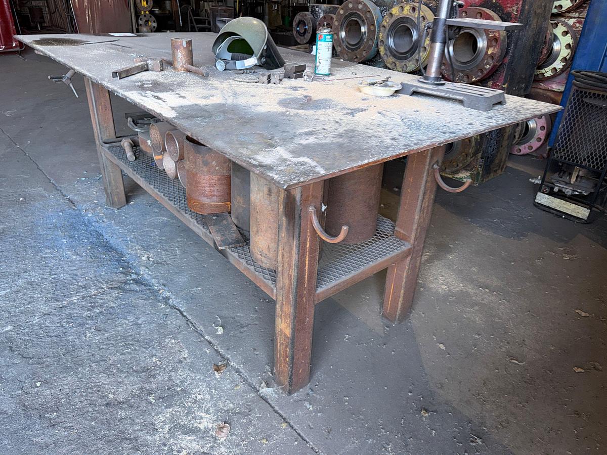 Used 8’x4’x3.4’ HEAVY DUTY METAL WORK TABLE W/ SMALL DRILL PRESS