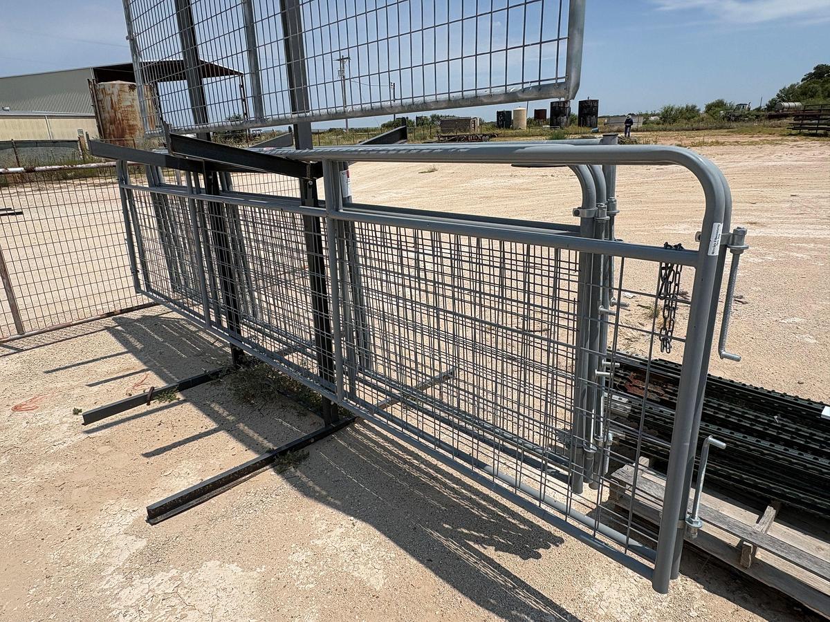 Used (4) 13.5’ x 4’ & (2) 15.5’ x 4’ gates w/ storage rack