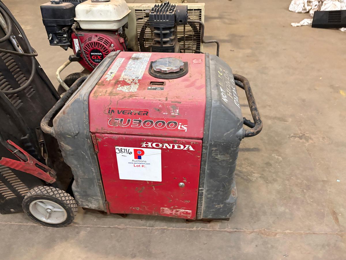 Used Honda eu3000is inverter generator, stark monster battery charger, & ingersoll Rand S9-8 air compressor
