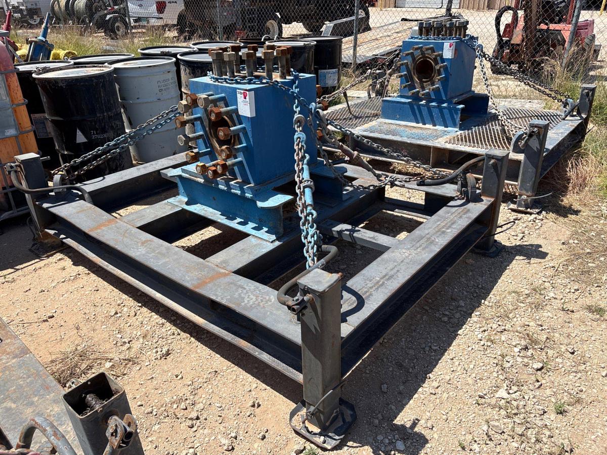 Used 8’ x 6’ adjustable height frac tree transport skid w/ 7-1/16” 3-way fluid cross