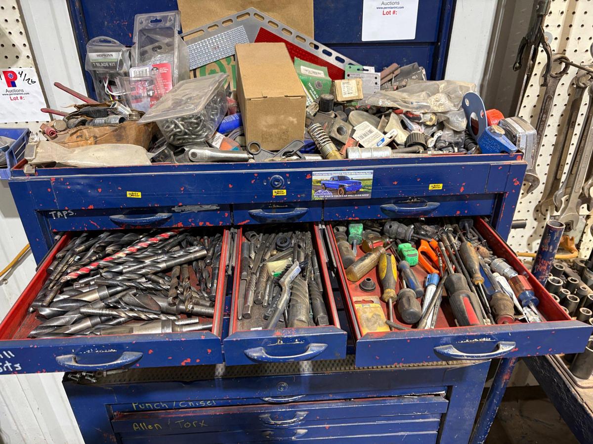 Used 34” x 18” x 60” tool box w/ contents