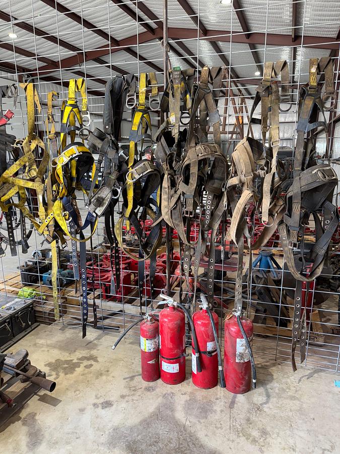Used LOT W/ (10) SAFTEY HARNESSES, (4) FIRE EXTINGUISHERS