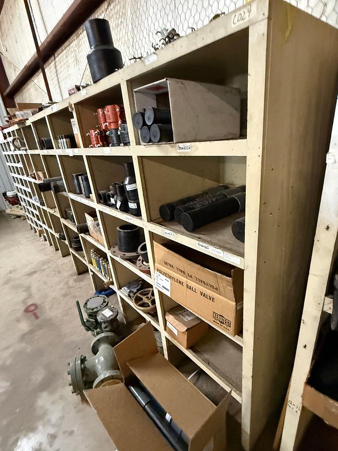 Used 8’ x 2’ x 6’ 20-BIN WOOD PARTS SHELF