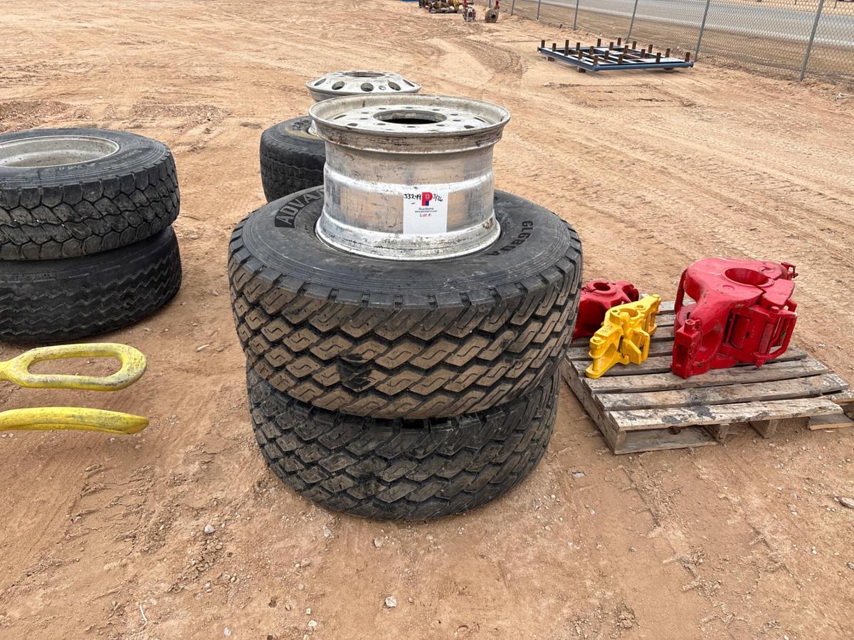 Used (2) new advance 445/65R22.5 tires & (3) 10-lug aluminum wheels