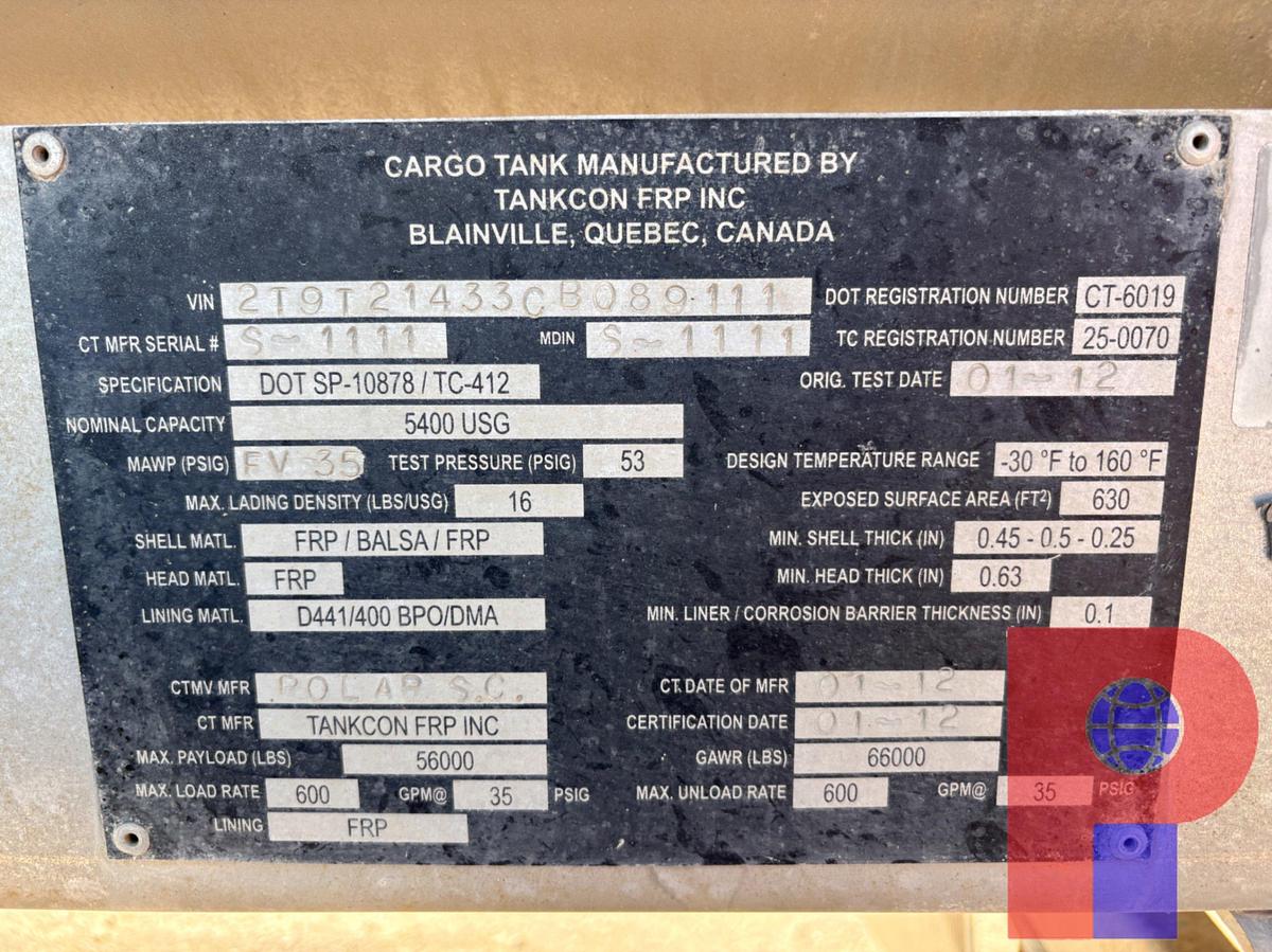 Used 2012 TANKCON  5,400 GALLON T/A CHEMICAL TRANSPORT TRAILER