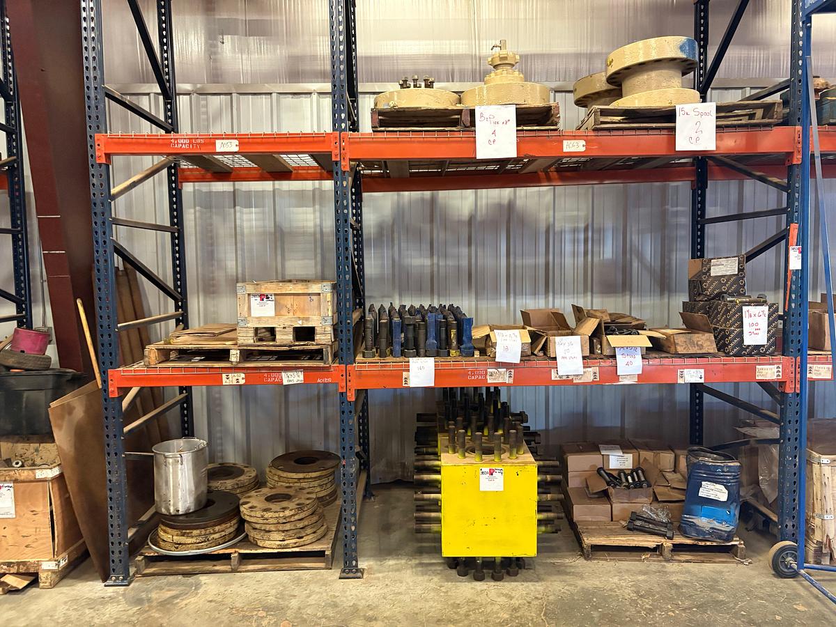 Used Contents of (5 shelves) w/ (3) 4-way 7” fluid crosses, 250+ assorted stud bolts, 15k spacer spools, & adapter flanges