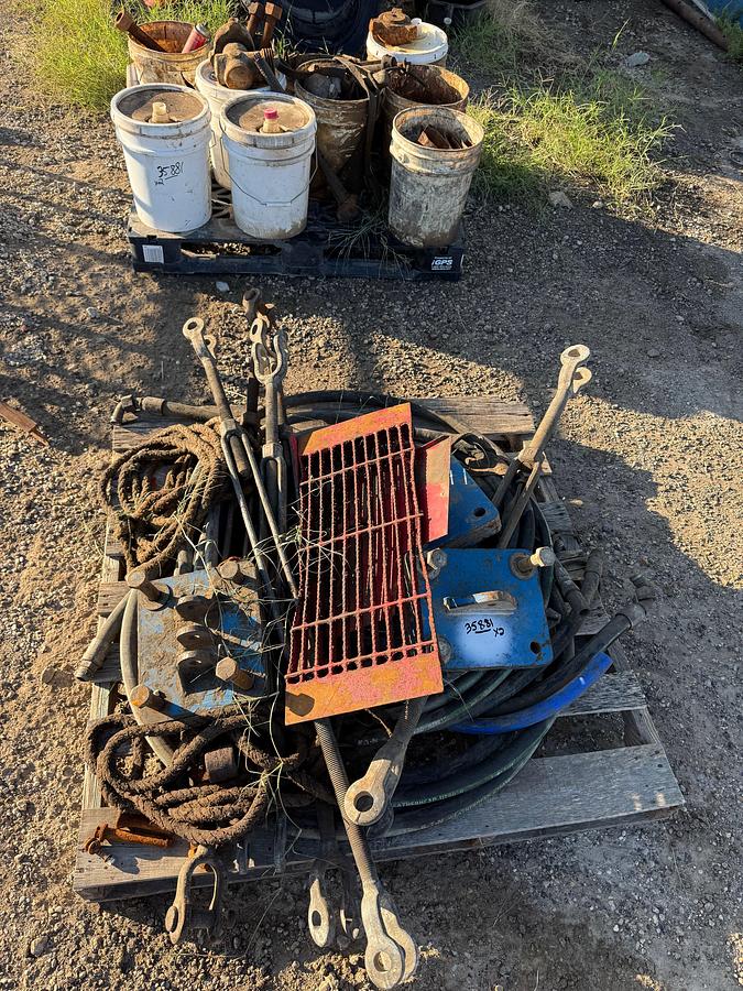 Used (2) PALLETS OF ASSORTED TURNBUCKLES, HYD HOSES, MOUNTING PLATES,(4) BKTS OF OIL, FLANGE STUDS & NUTS & RELATED