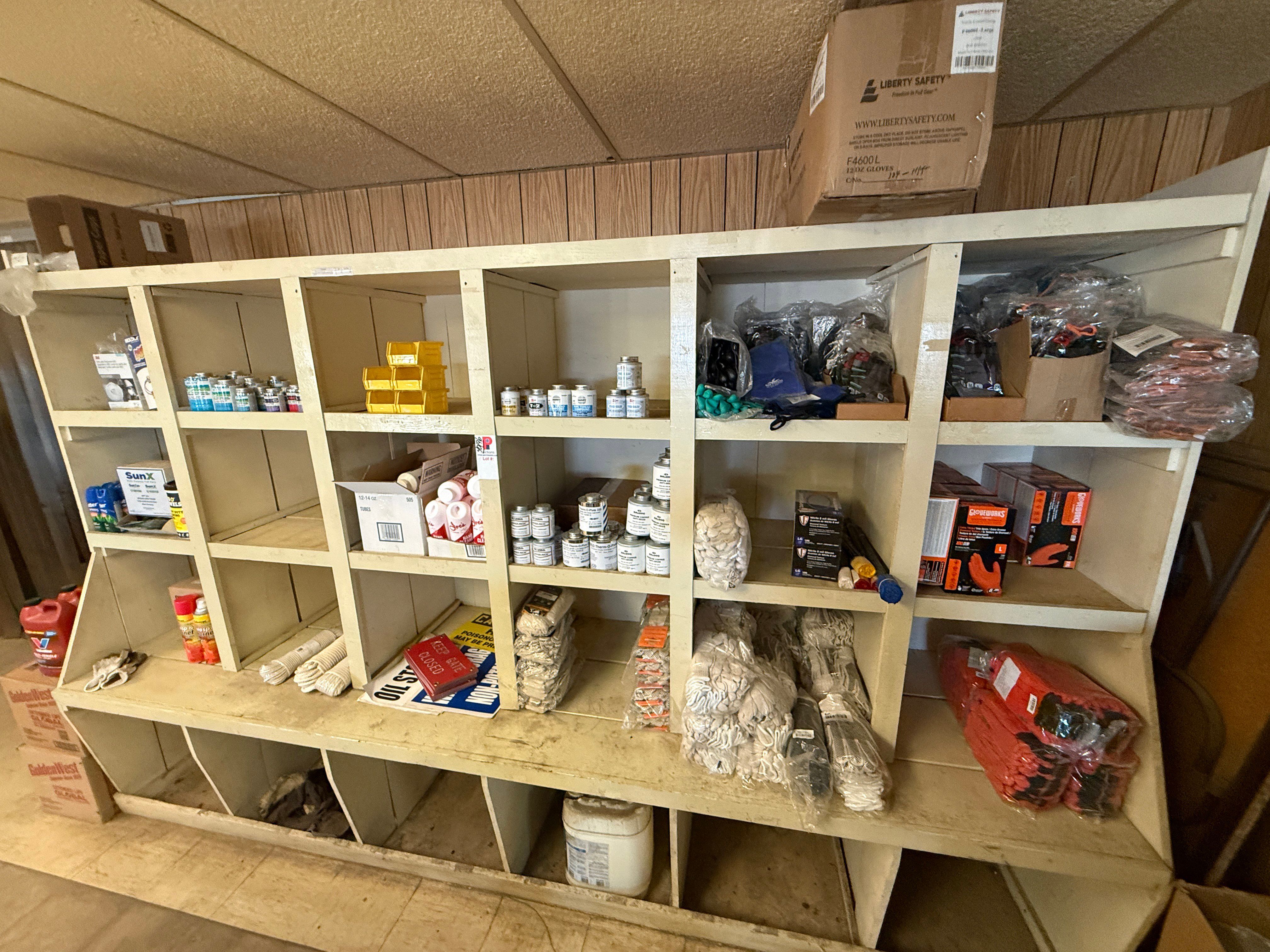 Used WALL SECTION (14) BOXES OF NITRILE GLOVES, (200+) PAIRS G-GRIP GLOVES, BLAKC DOT GLOVES, FLAME RESISTANT, ANIT-SEIZE, & RELATED