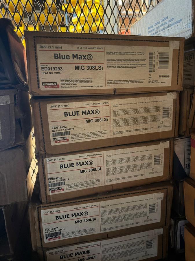 Used (3) Shelves W/ 30+ boxes of Lincoln Welding wire, New Gun Tips & Nozzles, & supplies