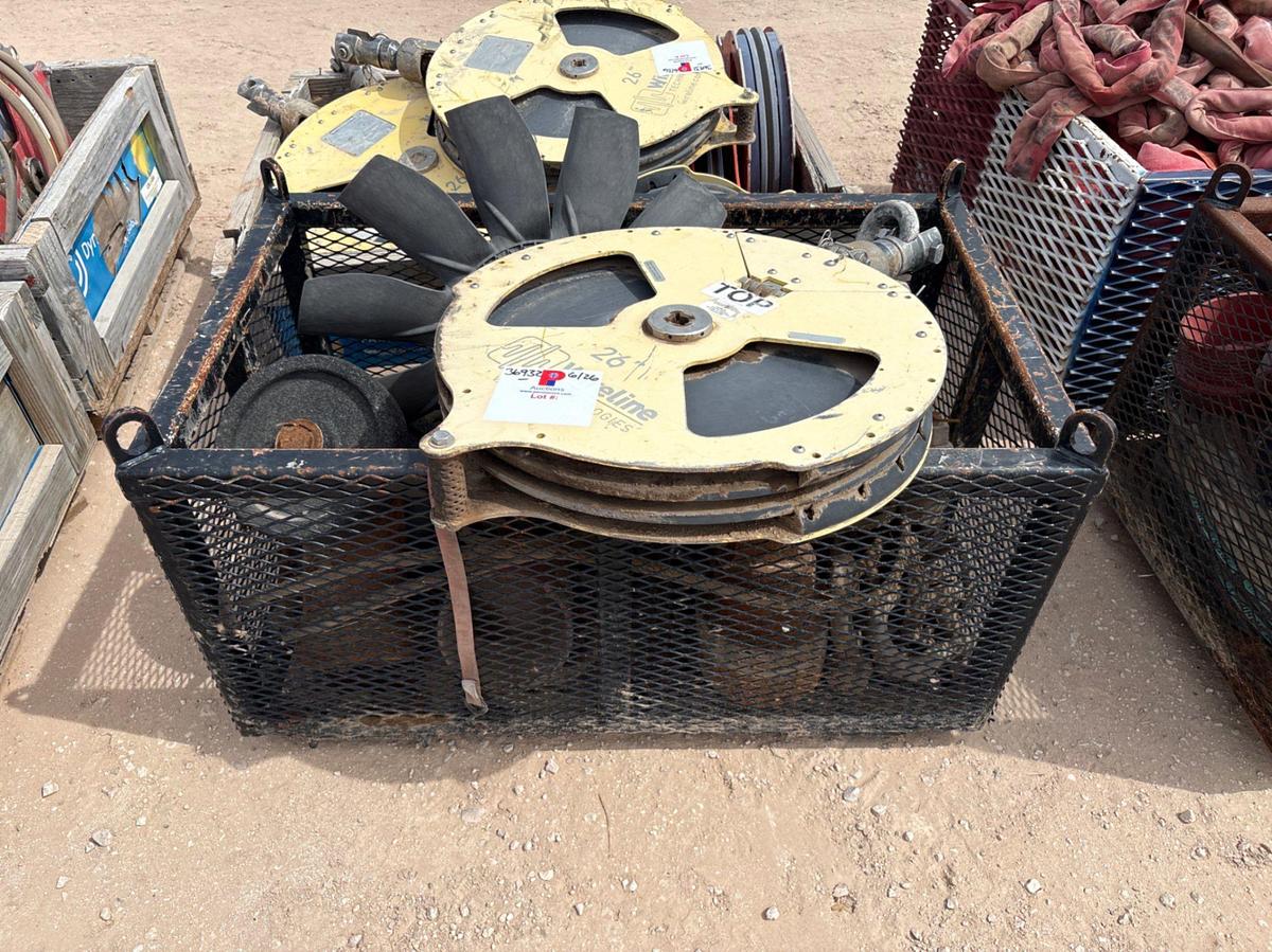 Used (2 baskets) w/ assorted hydraulic hose, 26” wireline sheave, chains, & thread protectors