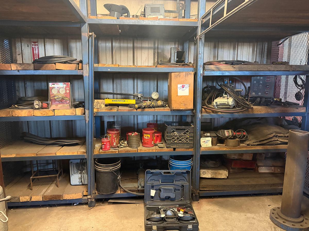 Used (13) Shelves w/ welding related tools, wire & power tools