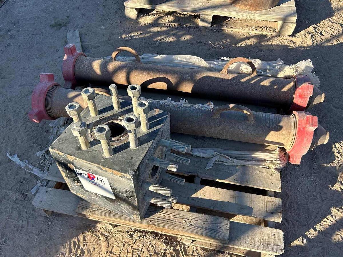 Used (1) 3” 90 DEG. BLOCK W/ 7/8” STUDS & (2) 4” X 4’ FIG 1002 10K PSI HARDLINE IRON