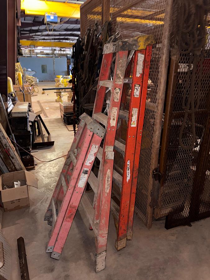 Used Lot w/ (3) job boxes w/ contents, trailer hitches, air & hydraulic hoses, safety harnesses, ladders, etc.