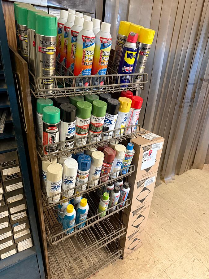 Used LOT W/ (5) CASES OF BERRYMAN B-12, (2) CASES BLASTER PROSRTAN, BRAKE PARTS CLEANER, & RACK OF LUBRICANTS