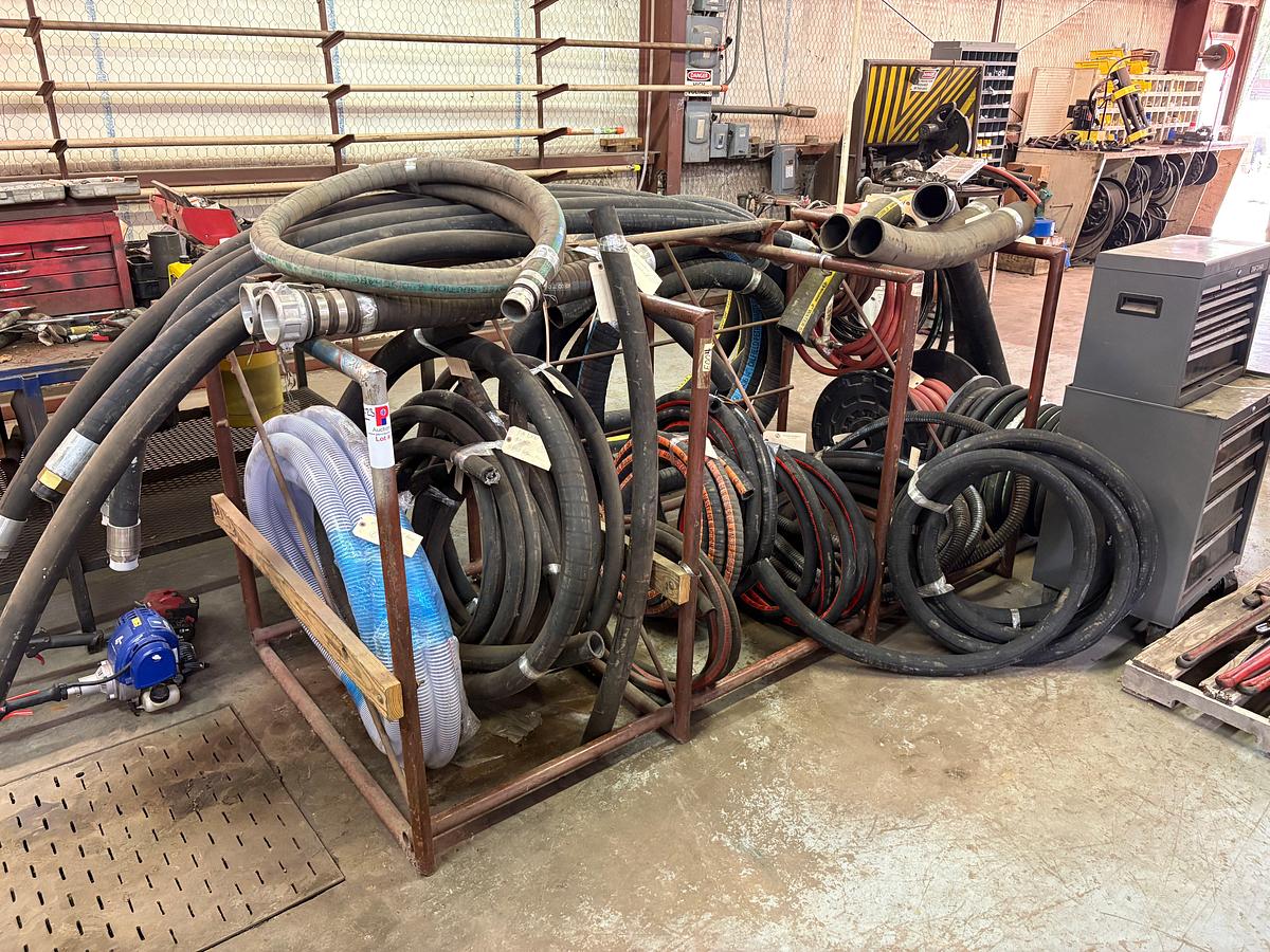 Used 8’ x 4’ x 4’ rack w/ assorted vacuum, hydraulic, & rubber hoses