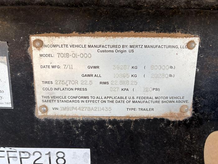 Used 2011 MERTZ T/A FRAC PUMP TRAILER