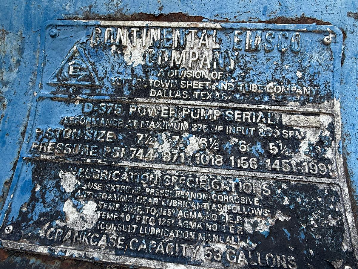 Used CONTINENTAL EMSCO C-375 DUPLEX MUD PUMP P/B CATERPILLAR 3408 DITA, SKIDDED