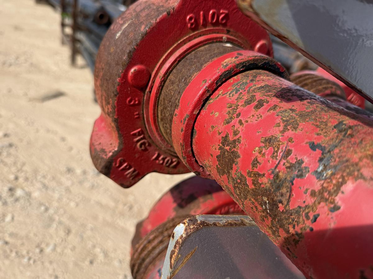 Used (24 X $) 3” X 15’L FIG 1502 15K WP FLOW IRON W/ (2) 2-TIER STACKABLE PIPE RACKS