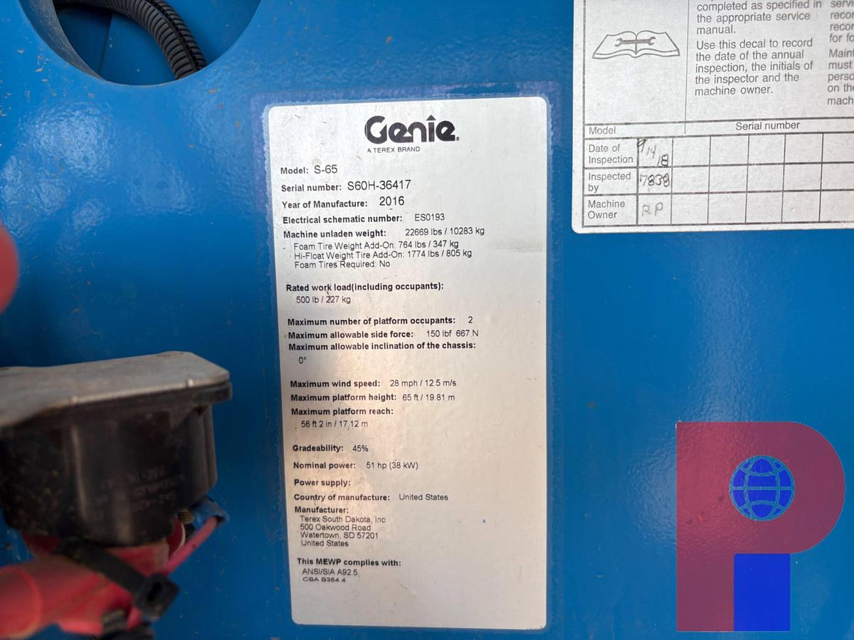 Used 2016 GENIE S-65 4X4 BOOM LIFT