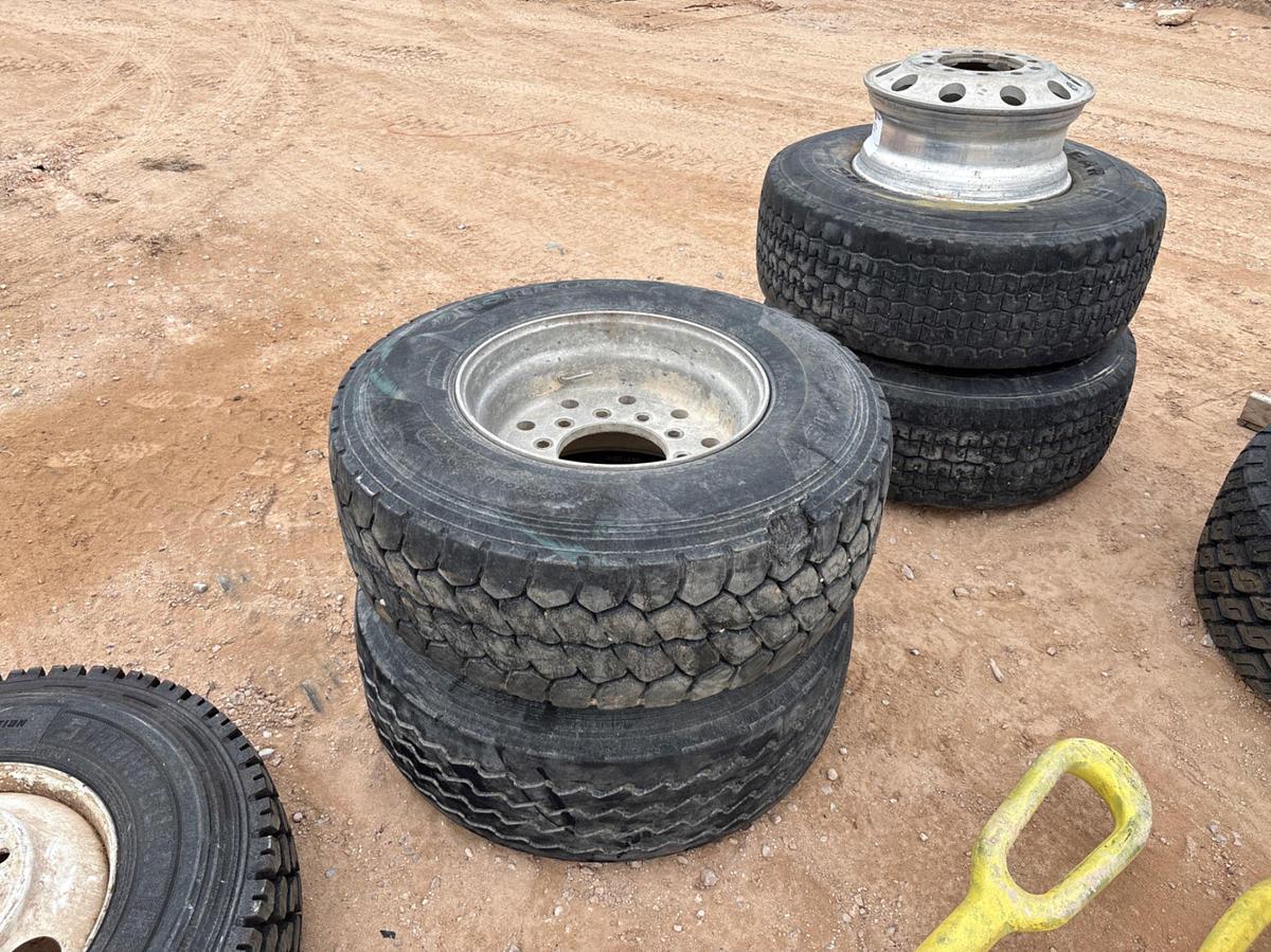 Used (2) 385/65R22.5 TIRES W/ 10-LUG ALUMINUM WHEELS
