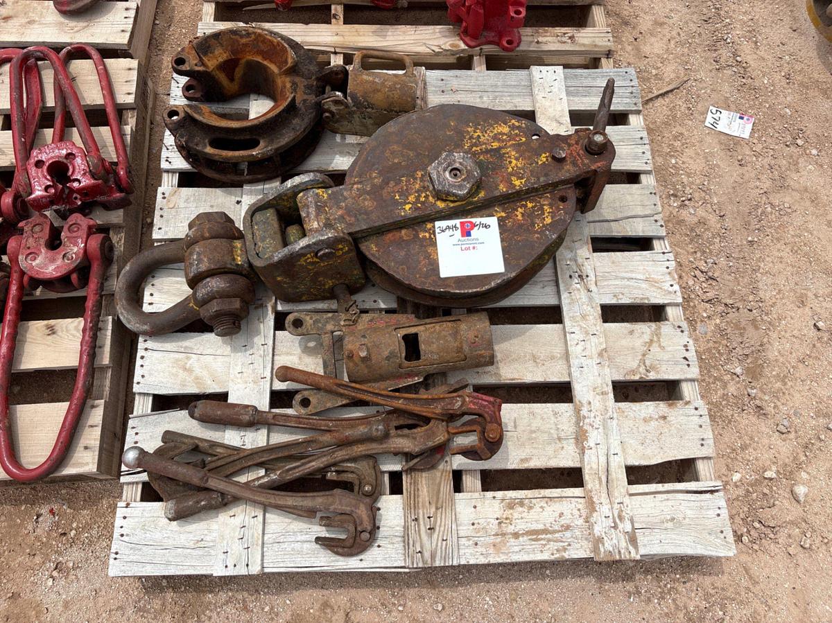 Used Pallet w/ (6) rod wrenches, tong backup batts, & 18” sheave