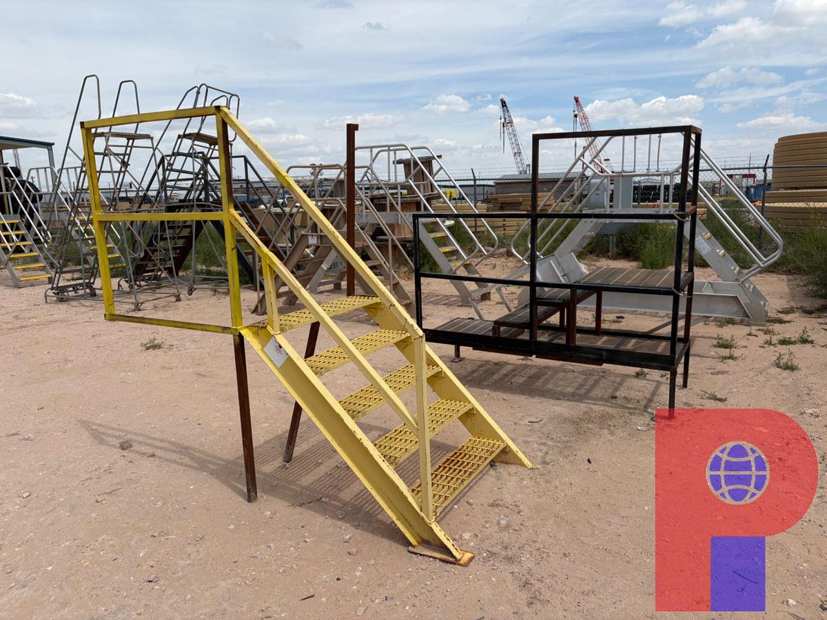 Used (1) 9’ X 4’ ALUMINUM CROSSOVER BRIDGE & (3) ASSORTED LADDERS/STAIRS