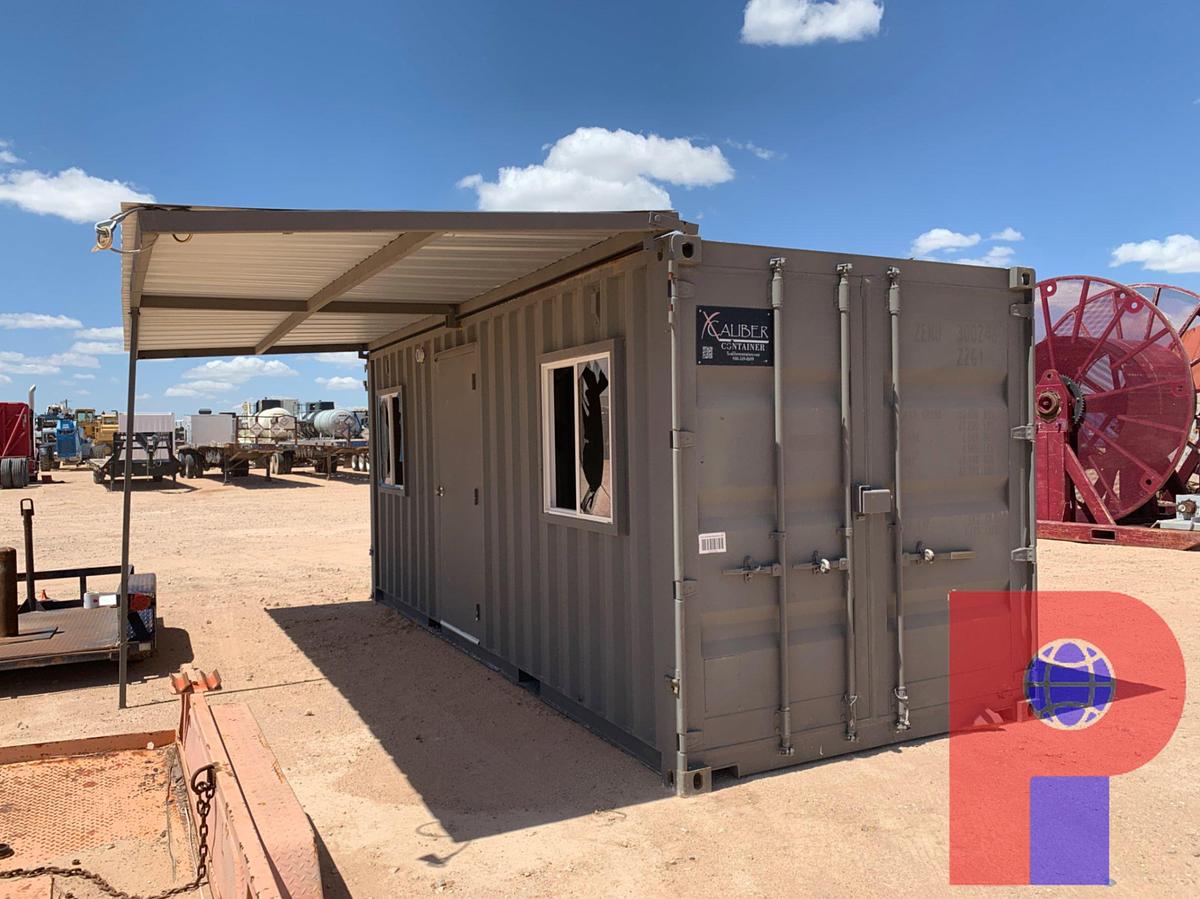 Used 19’ 9” L X 8’ W SEA CONTAINER OFFICE WITH PORCH SHADE