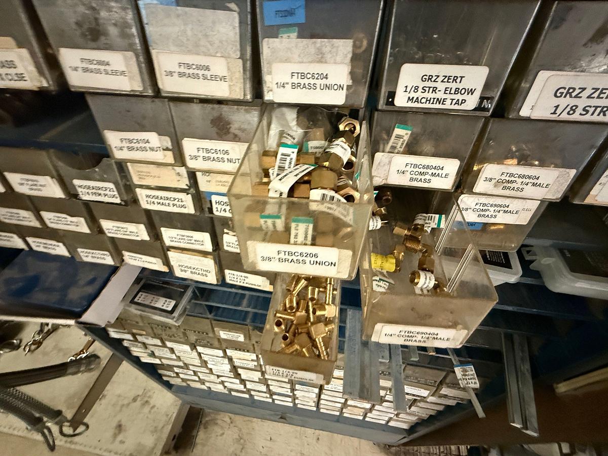 Used BRASS FITTING BIN W/ CONTENTS OF 1/8” THRU 1/2” COPPER TUBING FITTINGS
