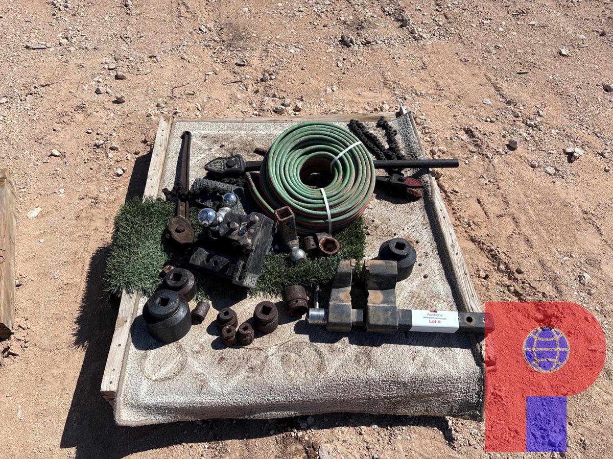 Used PALLET W/ BW TRAILER HITCH, CHAIN WRENCHES, OXYACETYLENE HOSES, ASSORTED SOCKETS, VISE