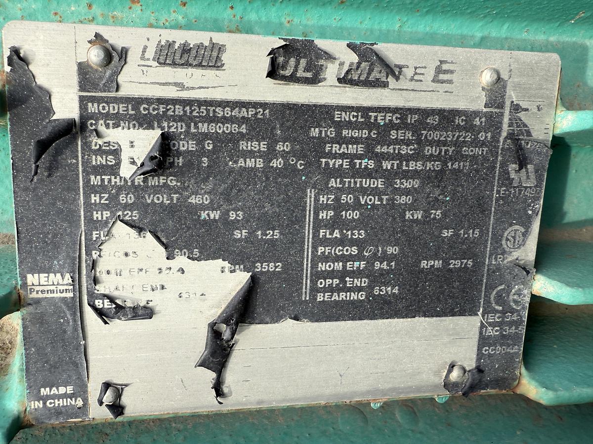 Used SULLIVAN PALATEK LL125UD 625 CFM 150 PSI ROTARY SCREW AIR COMPRESSOR UNIT, SKIDDED P/B 125 HP ELEC. MOTOR