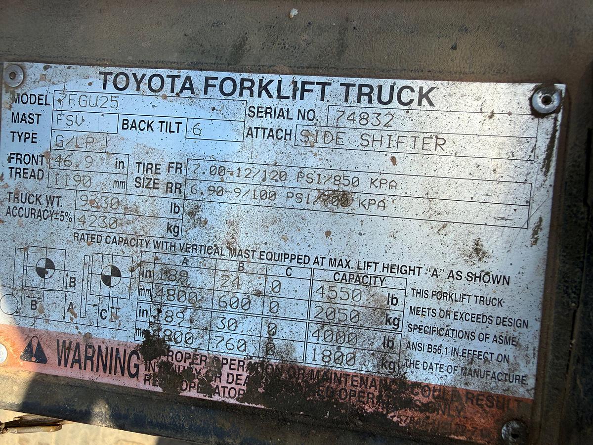 Used TOYOTA 7FGU25 G/LP 4,550 LBS FORKLIFT (inoperable)