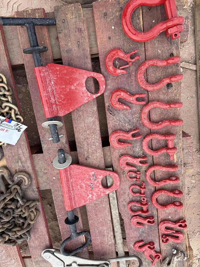 Used PALLET W/ 4-CHAINS W/ HOOKS, 1-KLIEN CABLE PULLER, 2-PIN TYPE WELD HIMGES, 11-CHAIN HOOKS, 9-D-RINGS