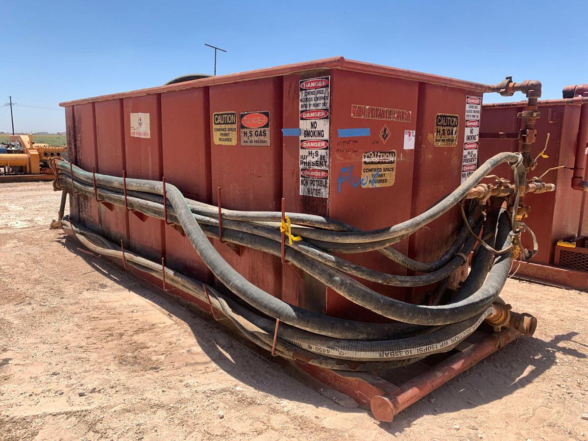 Used 21’ L x 9’ W x 8’ T 115 Bbl Open Top Skidded Tank w/ 2 Compartments