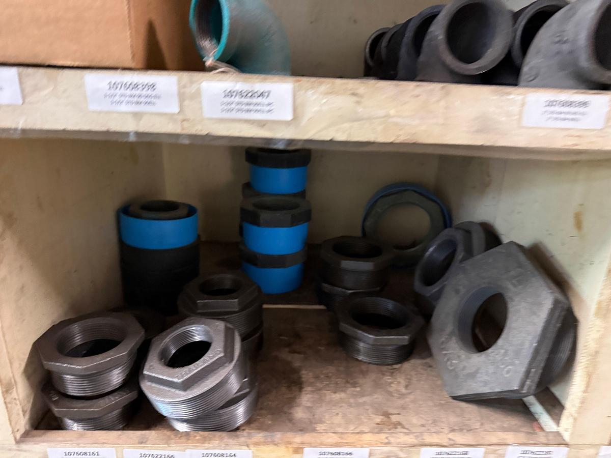 Used SECTION OF (100+) STD PIPE BUSHINGS, REDUCERS, TEES, ETC. , SOME COATED