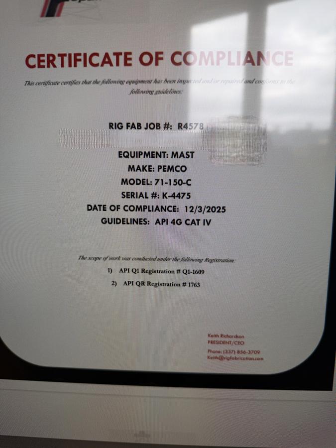Used Refurbished 1982 Mainland Well Service Rod Rig, (Certified Block, 2025 CAT IV)