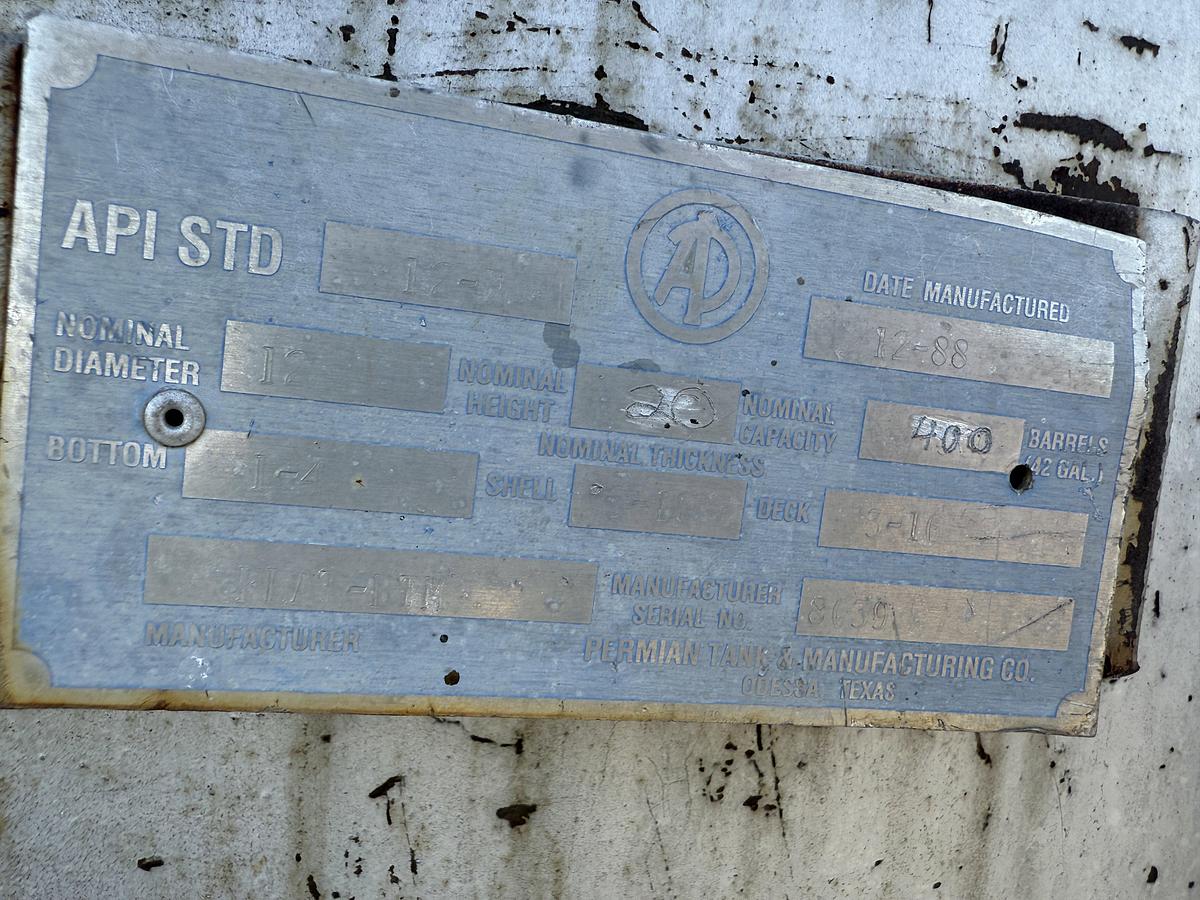 Used 1988 PERMIAN TANK & MANUFACTURING CO. 12’ DIA X 20’ H 400 BBL CRUDE OIL STORAGE TANK