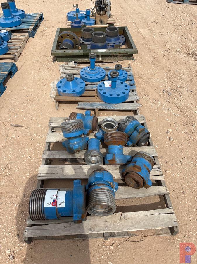 Used (4) PALLETS OF ASSORTED LUBRICATOR FLANGES, WECO FLANGES, PRESSURE TEST FLANGES, (2) HYDRAULIC PUMPS