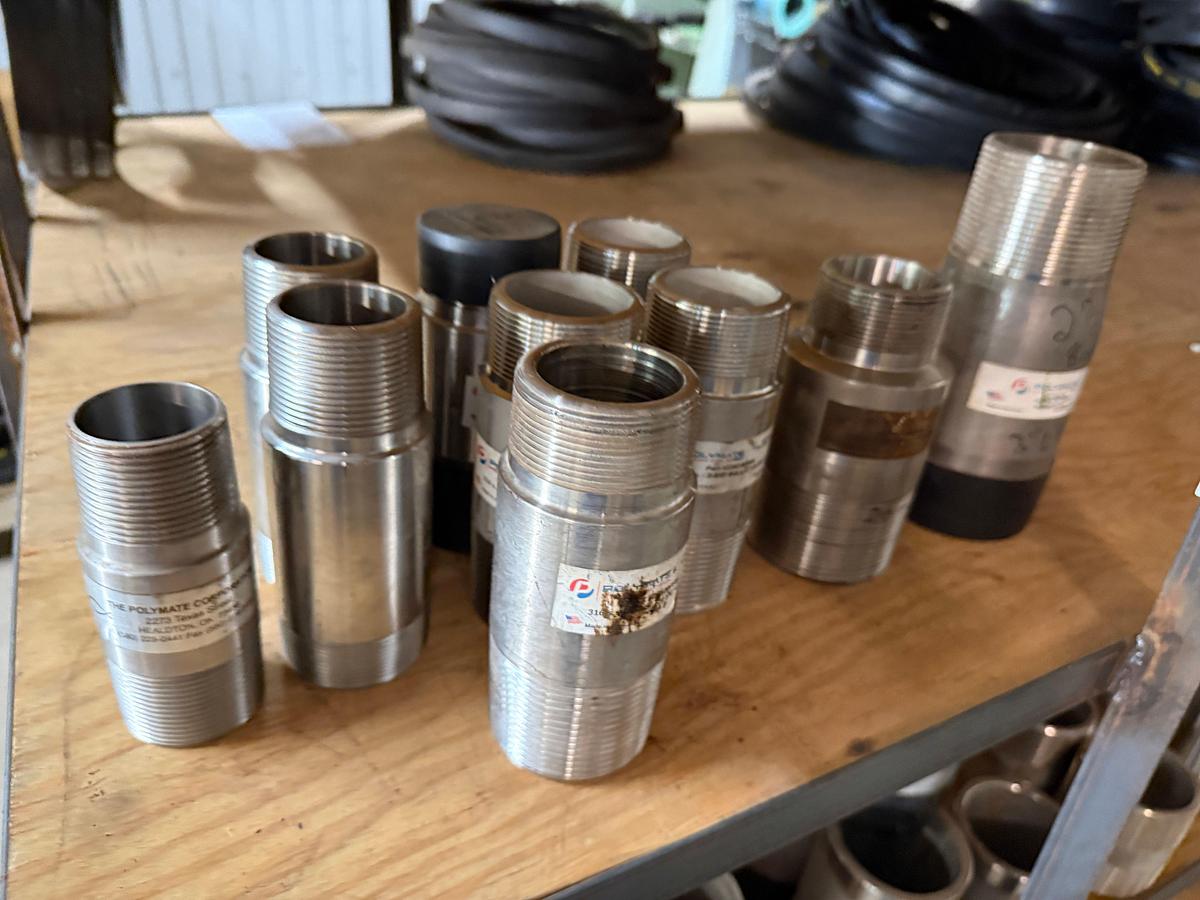 Used SECTION OF (15+) HEAVY WALL SS NIPPLES & SWAGES SIZES 1” THRU 2-7/8”, 3”, BARBED HOSE NIPPLES,