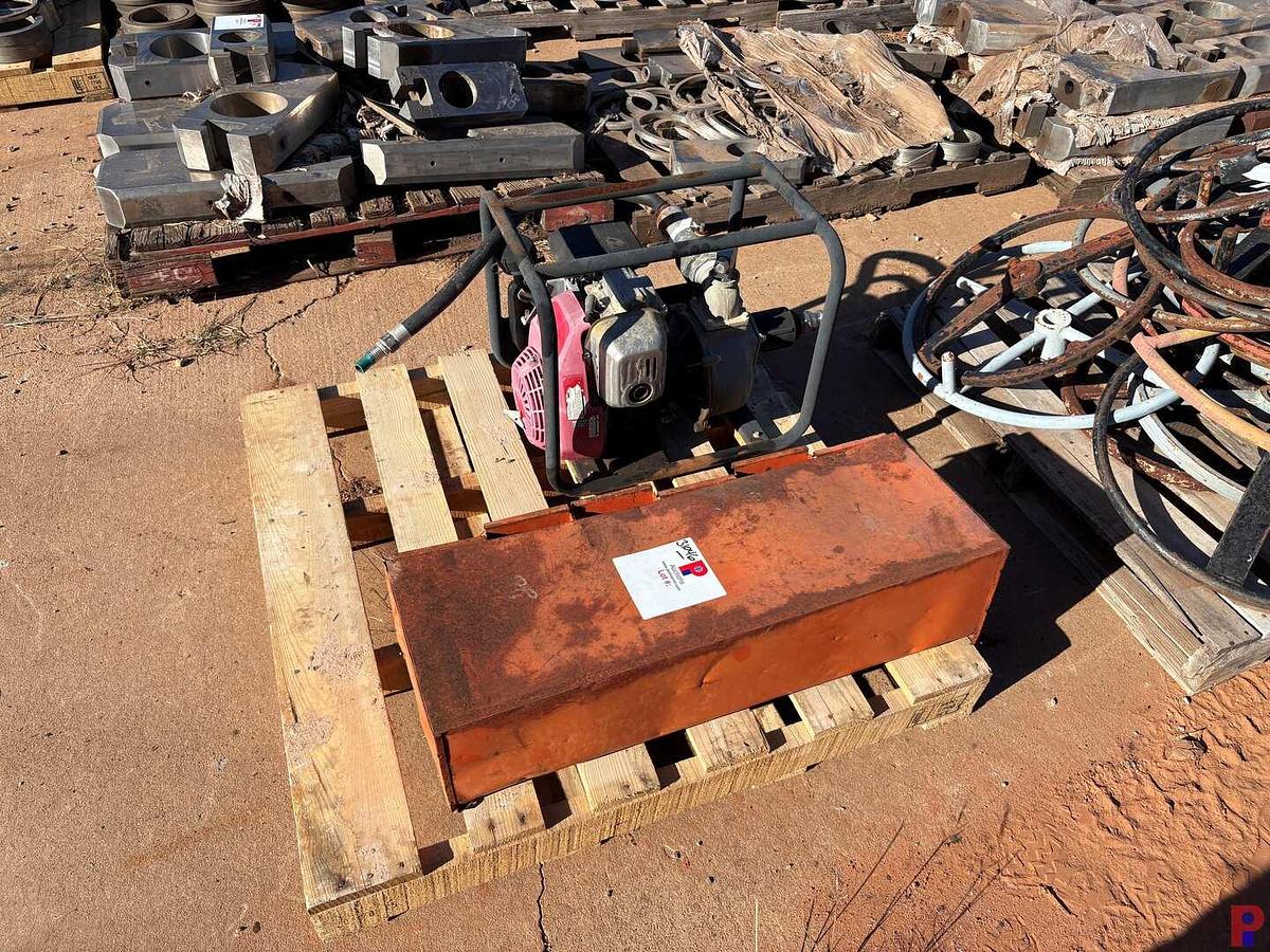 Used (2) PALLETS W/ GAS POWERED TRASH PUMP, BOLT BIN, DRIVE SHAFT COMPONENTS, LIFT CABLES, ETC