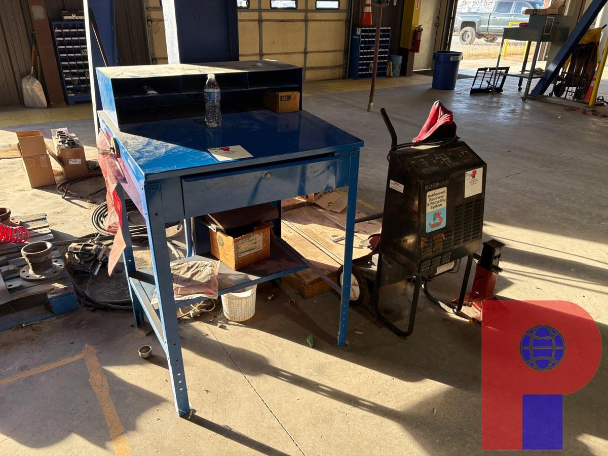 Used LOT W/ (1) KNOWLEDGE BOX DESK, ROBINAIR REFRIGERANT RECOVERY SYSTEM, (2) ALLEGRO BLOWERS, ETC.