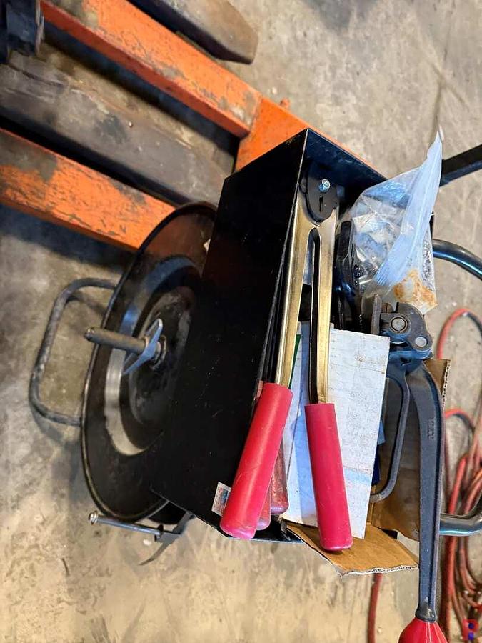 Used LOT W/ DAYTON 5RRY5 2,200 LB CAP. ELEC. PALLET JACK, (2) 6’-7’ LADDERS, MANUAL PALLET JACK, BANDING CART W/ TOOLS & CLAMPS