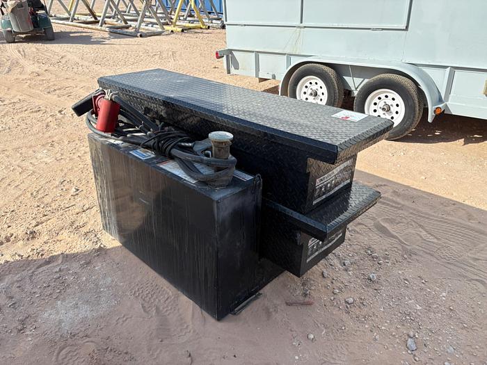 Used WEATHERGARD L-SHAPED FUEL TANK W/ TRANSFER PUMP, HOSE, & (2) LOW PROFILE TRUCK TOOLBOXES
