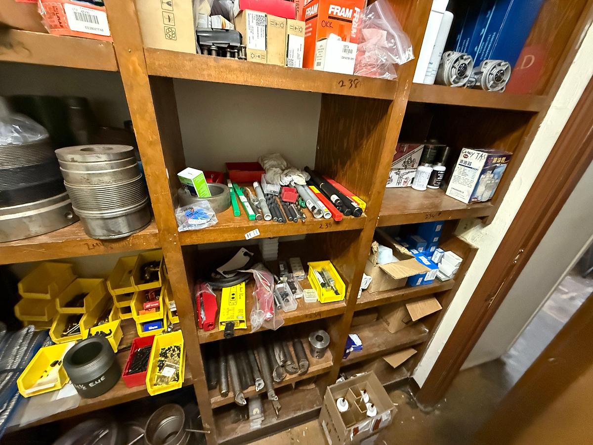 Used ROOM W/ SHELVES & (2) DOOR CABINET INCLUDES (100+) MACHINE CUTTING TOOLS, SUPPLIES, SPARE PARTS, & RELATED