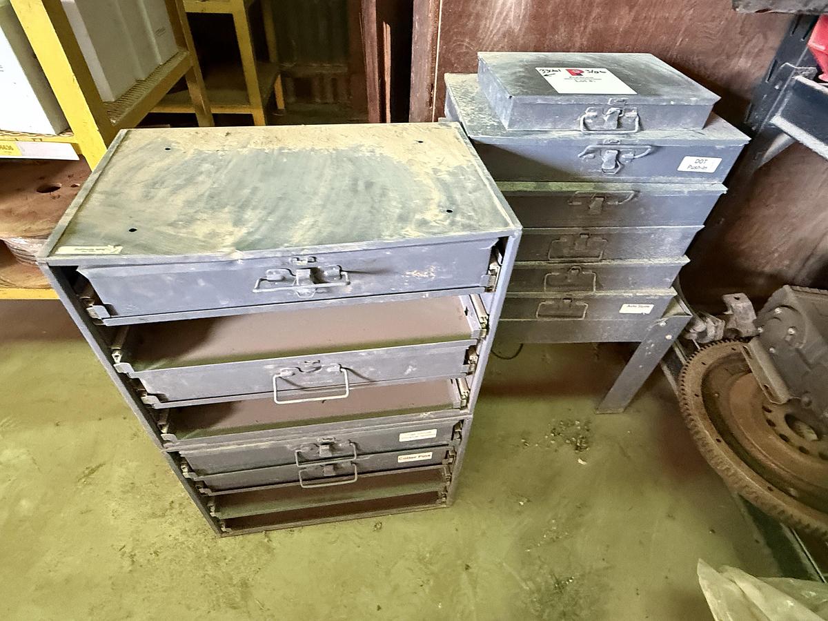 Used (1) 112-BIN BOLT BIN, (1) 77”L X 24”W X 78”H 4-SHELF RACK, (10) DURHAM SLIDE-OUT COMP. BOXES, ALL W/ TRUCK PARTS & RELATED