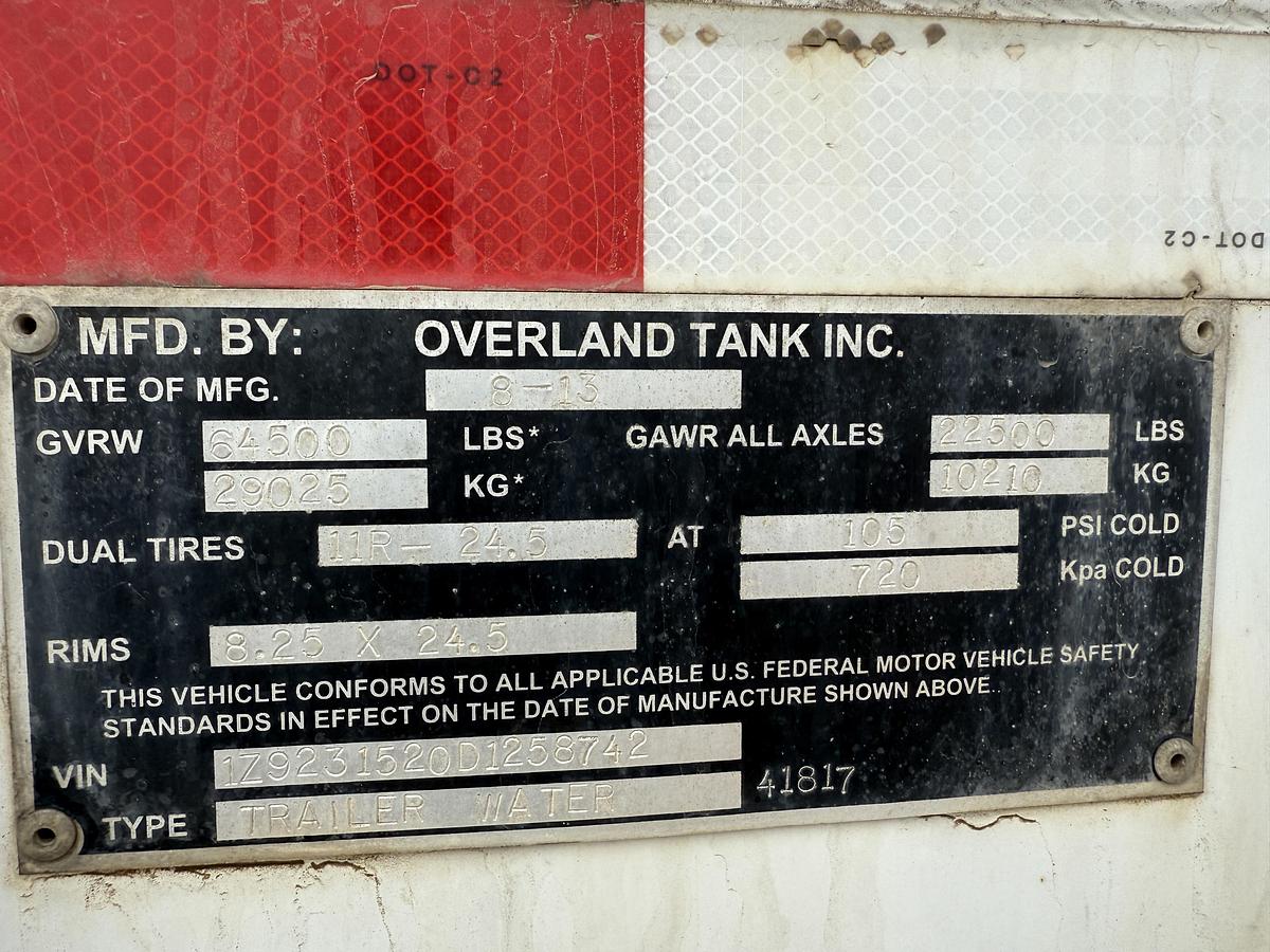 Used 2014 OVERLAND TANK INC 5,460 GAL. 2-COMP. T/A WATER TRANSPORT TRAILER
