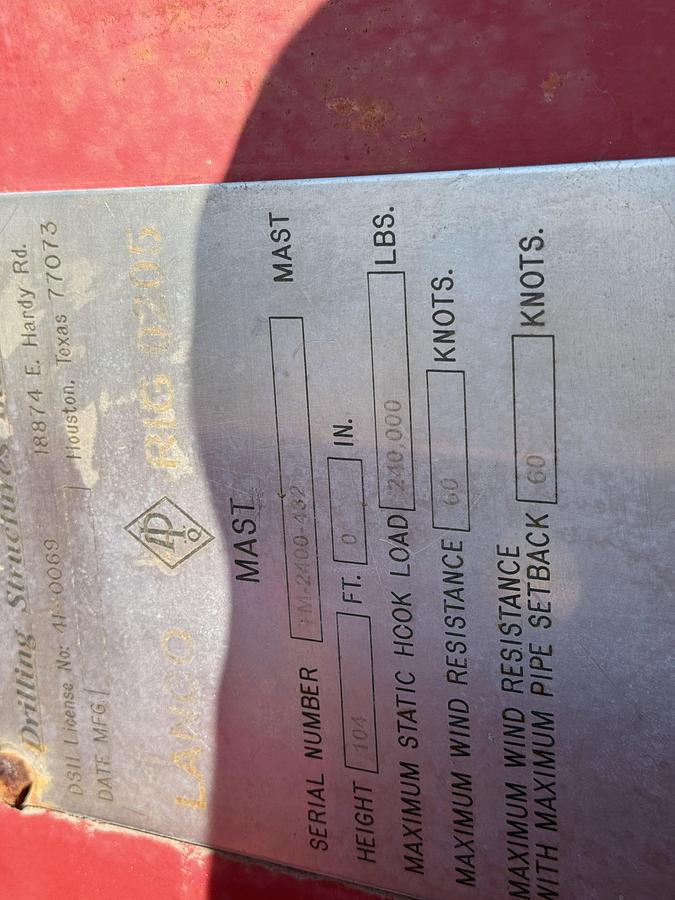 Used 2004 DRILLING STRUCTURES INT’l LANCO 104’-240K LBS DERRICK & Y-BASE